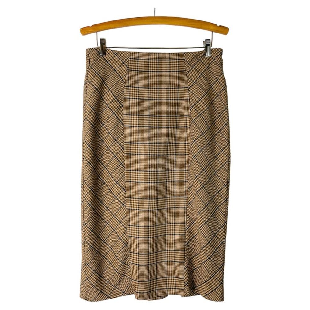 7th Avenue brown black tan plaid pleated ruffle preppy academia midi skirt 8